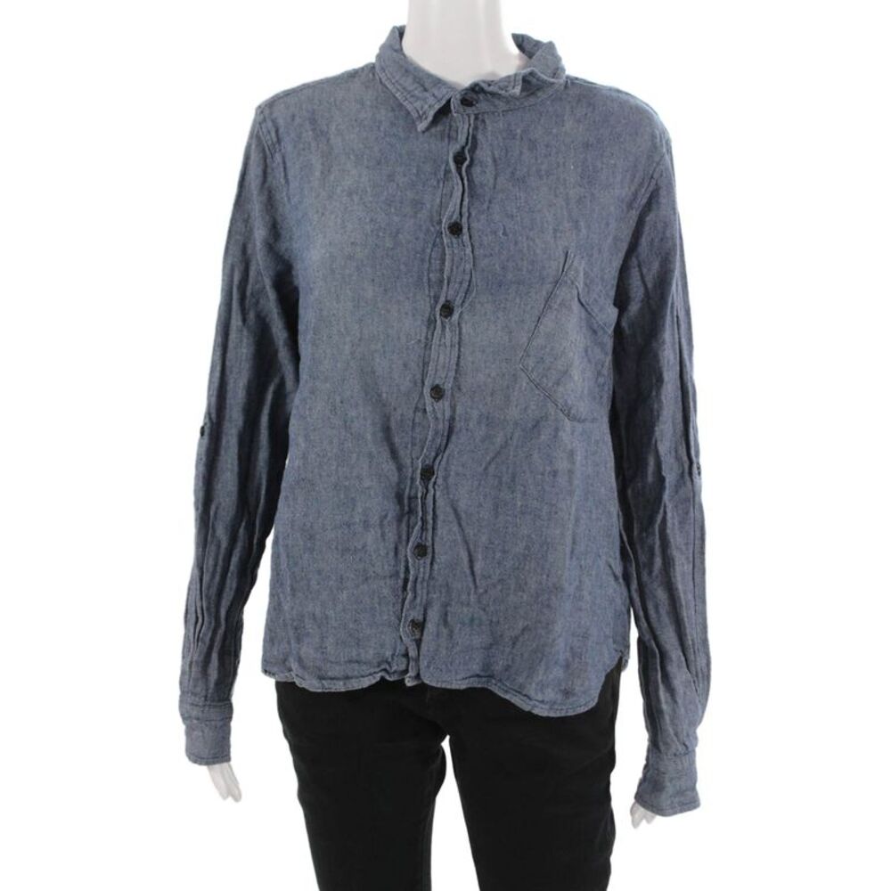 Shirt Mens Button-Down Collared Long Sleeve Blue Linen Cotton Solid Size L
